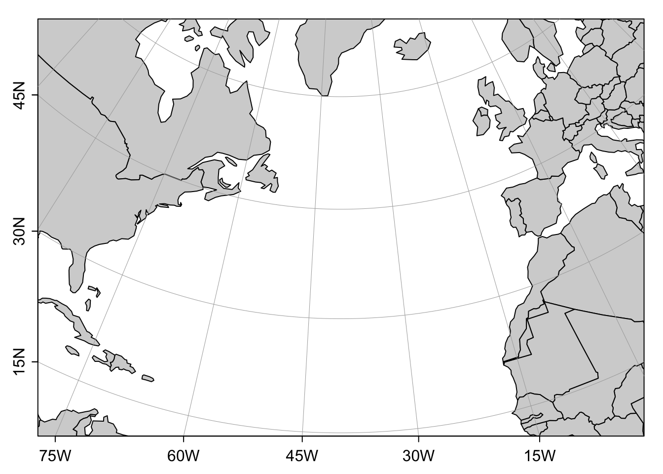 Map of the North-Atlantic based on the Lambert Conformal Conic projection.